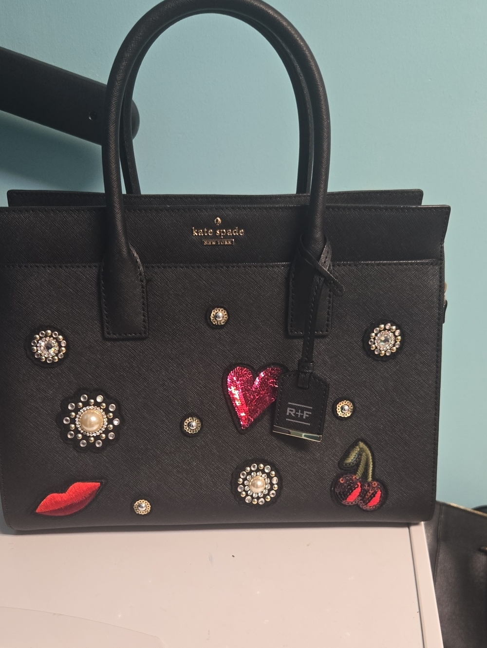 kate spade Black Embellished Leather Satchel with Sequin Heart and Cherry Patch